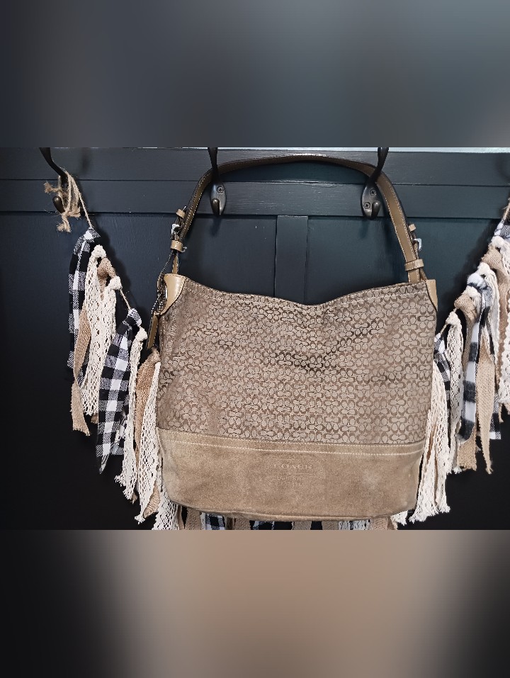 Coach Taupe Signature Suede Shoulder Bag
